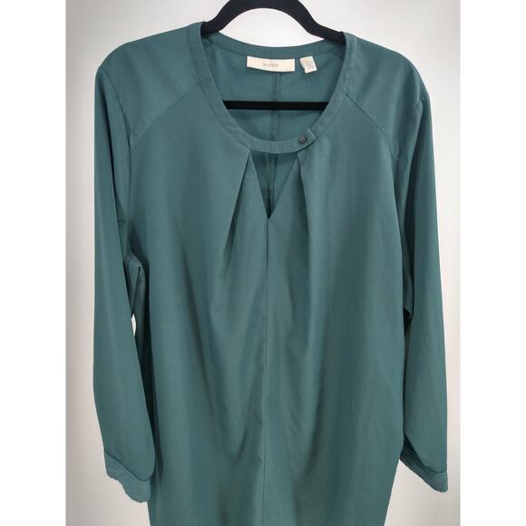 Sejour Blouse Top Plus 20W Keyhole Pleated‎ Button Neck Long Sleeve Casual Green - Picture 2 of 8